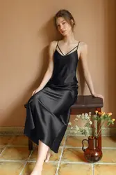 Mulberry Silk Women Long Satin Nightgown Slip Dress Slim Long Straps Lady Home Nightdress Sexy Nightie Soft V Neck Nightwear