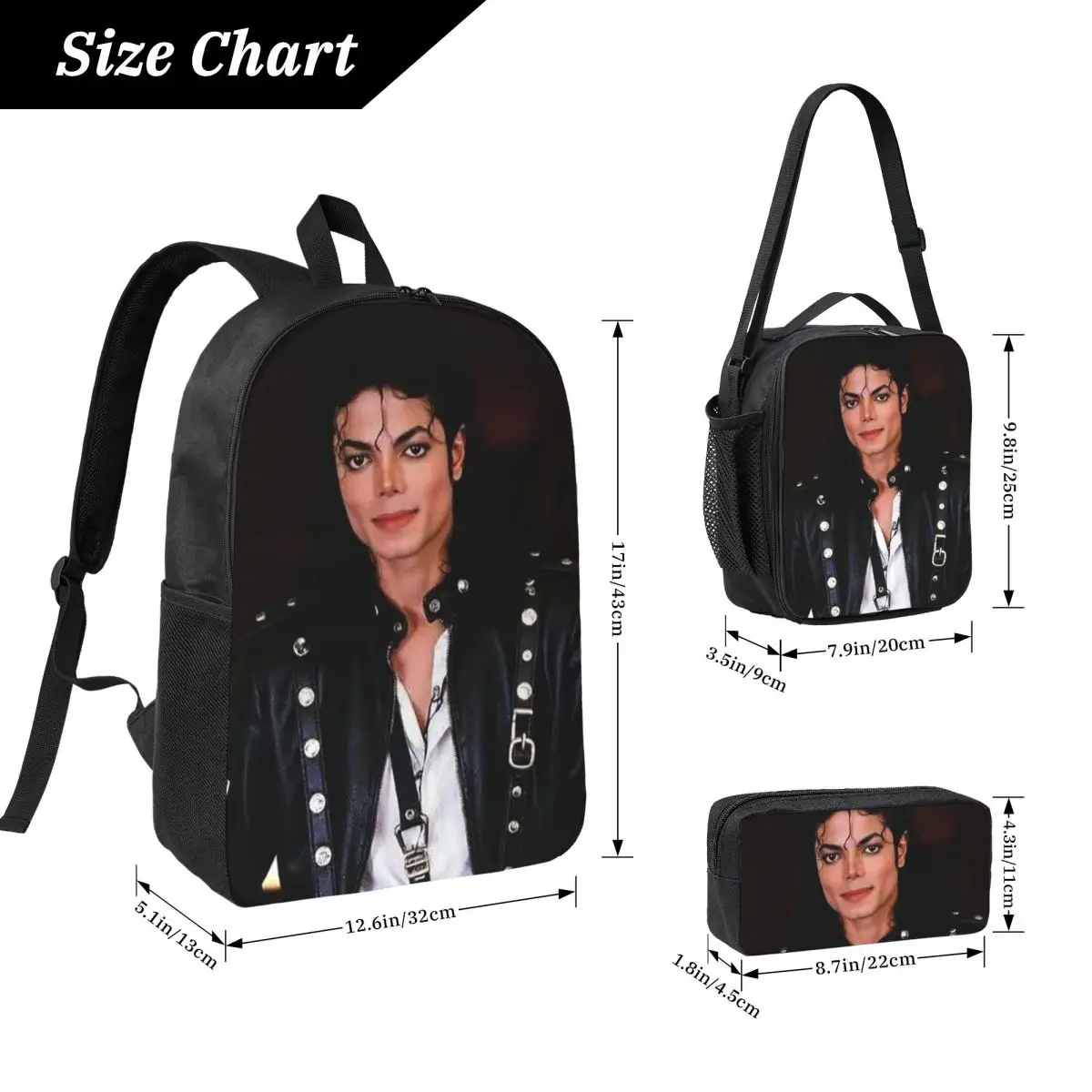 Michael Jackson Backpack Student BookBag School Bag Computer Shoulder Bags 3ps Insulated Lunch Bag Pencil Case
