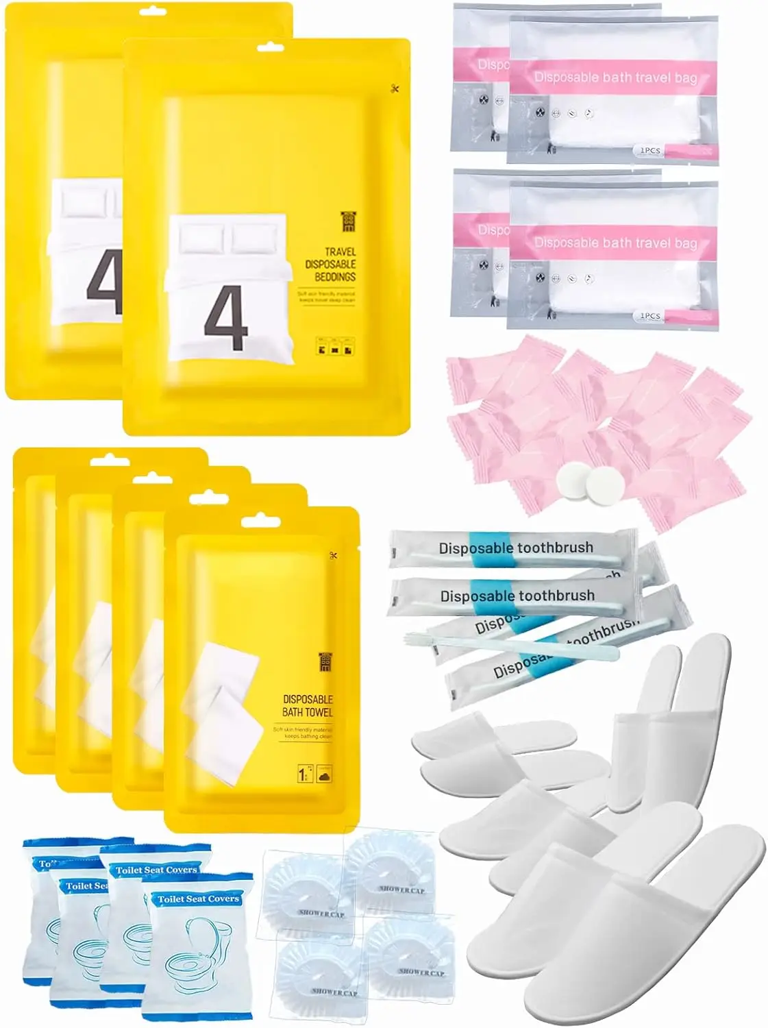 

Disposable Travel Set : Bed Sheet×2+Duvet Cover×2+Pillow case×4+Bath Towels×4+Shower Caps×4+Plastic