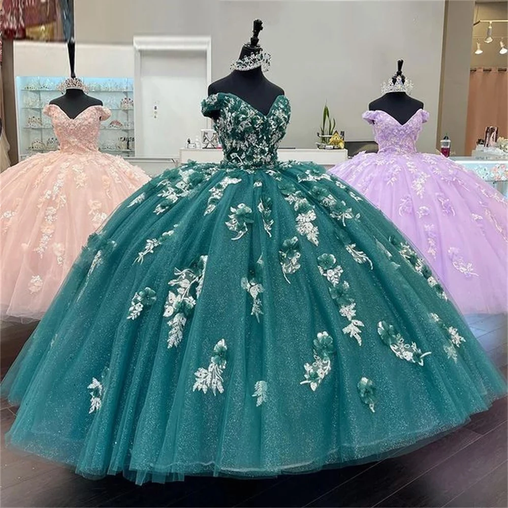 Groen Uit De Schouder Baljurk Puffy Sweet 16 Jurk Kralen 3D Bloemen Quinceanera Jurken Lace Up 15 Jaar party Gown