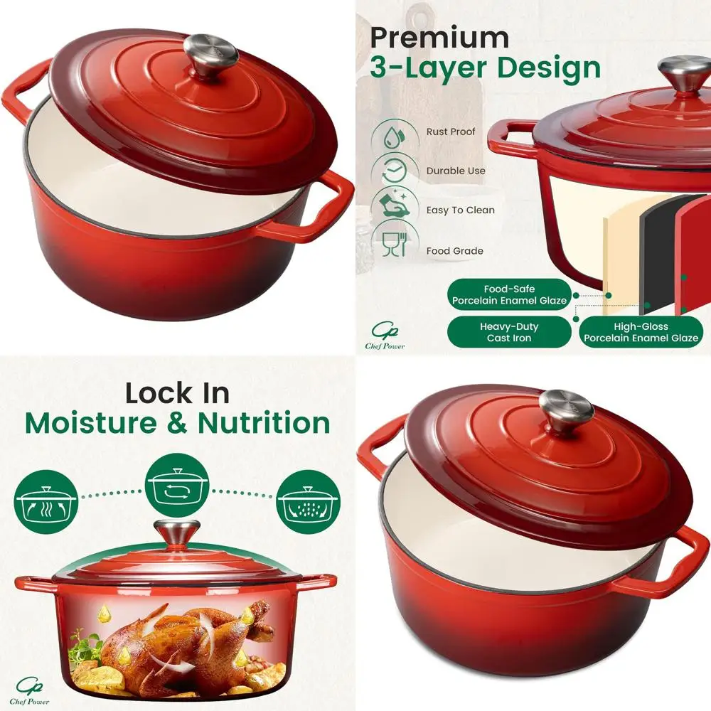 

Enameled Cast Iron Dutch Oven, 5-Quart, Gradient Red, Ideal for Baking Bread, Braising, Stews, and Roasting