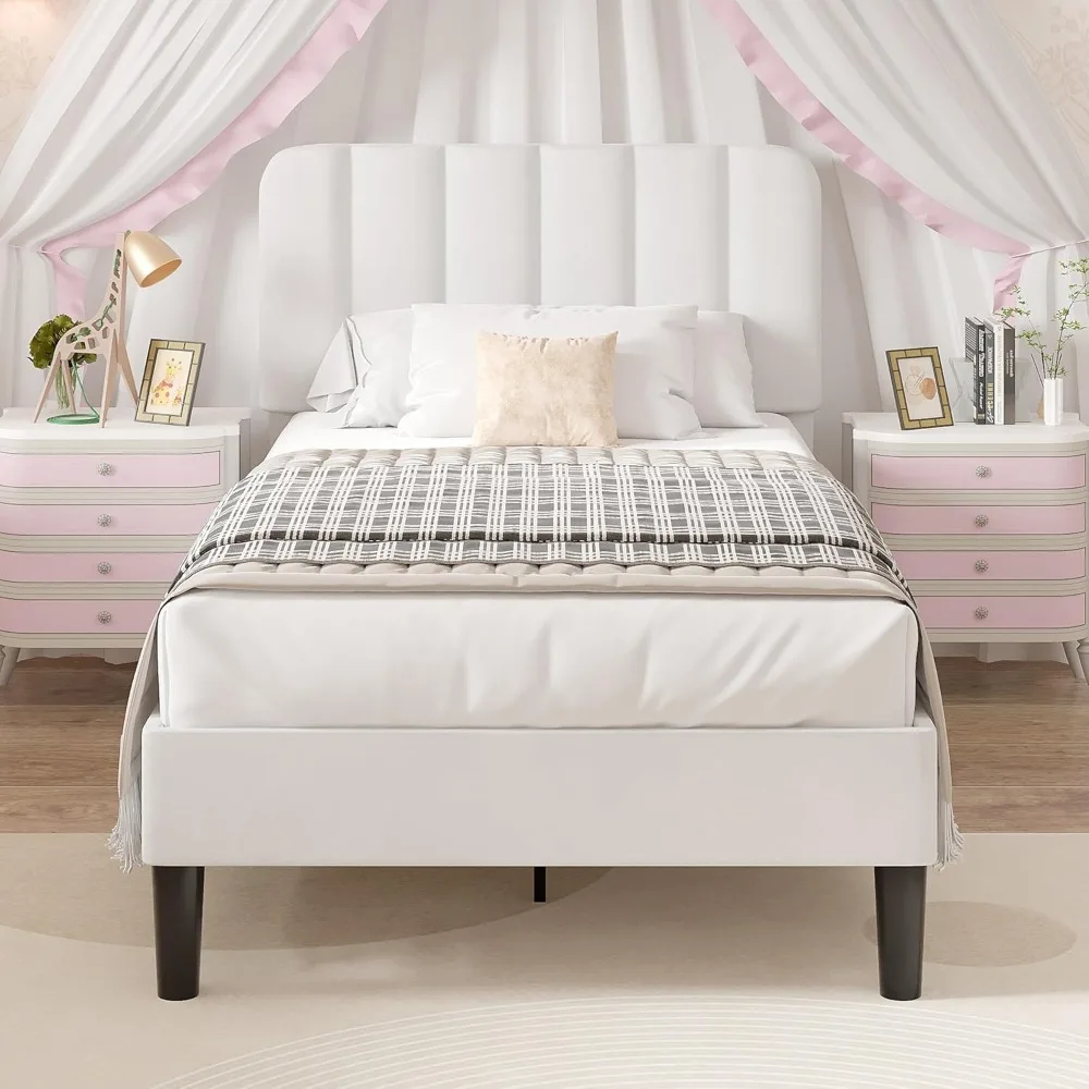 إطار سرير منجد من المخمل بحجم مزدوج مع دعامة مرتبة منصة وهيكل شريحة خشبية قوية