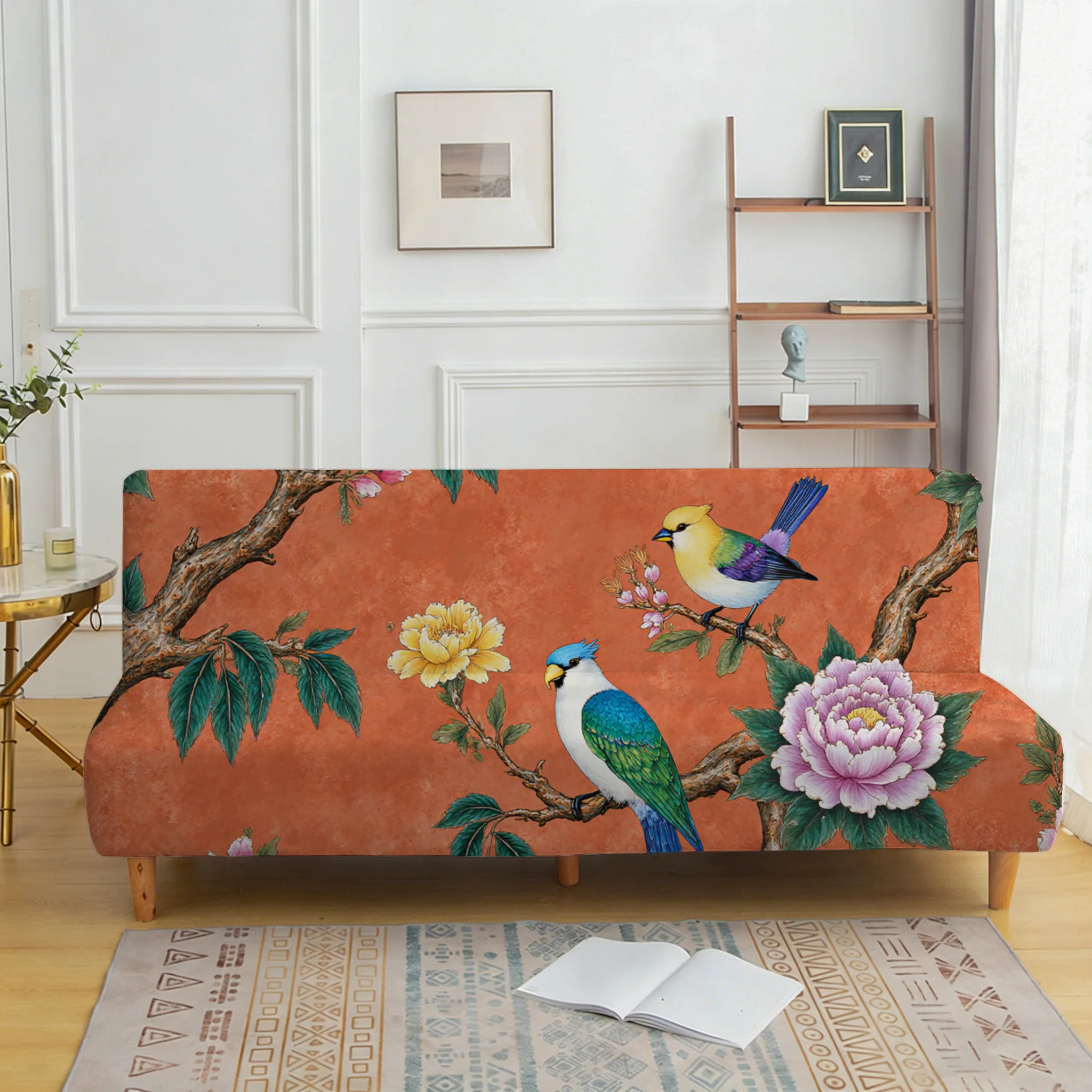 Orange bottom flower and bird print sofa bed cover, living room sofa bed cover, dustproof machine washable sofa bed cover