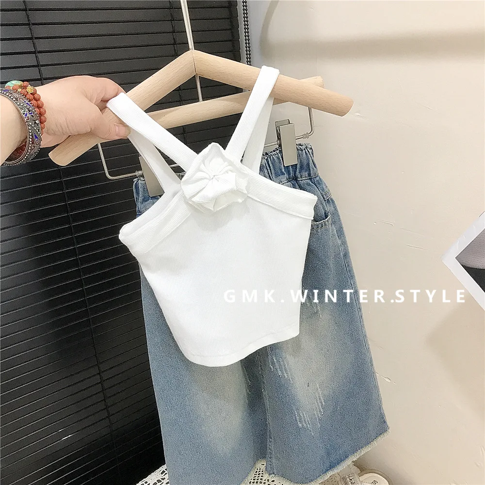 

Girls Summer Suit New Foreign Style Baby Girl Neck Sling Children's Denim Skirt Fashion Casual Baby Set