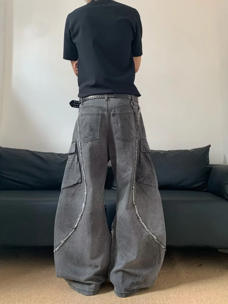 2026 New American Street Vibe Style Heavy Duty Splicing Raw Hem Zipper Fly Bootcut Denim Jeans For Men Loose Floor Length Pants