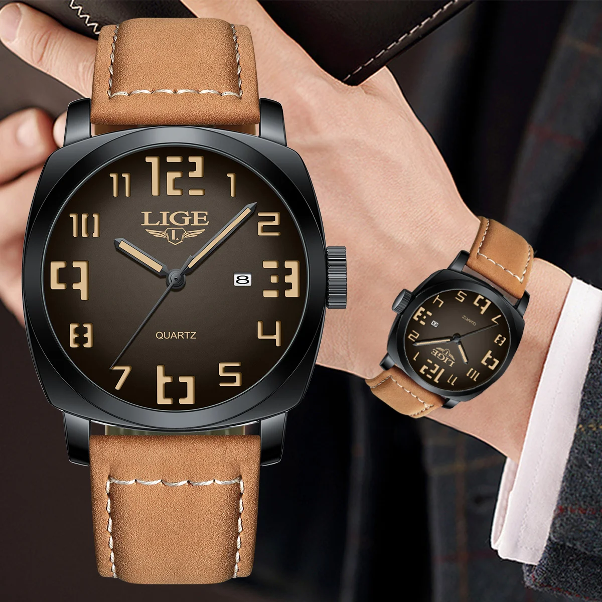 

LIGE Leather Watch Fashion Business Large Dial Men's quartz wristwatch Waterproof Calendar Outdoor Sports Man Watch Simple Clock