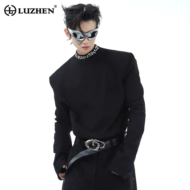 

LUZHEN Round Heavy Industry Diamond Design Base Neck Shirt Pullover Solid Color Slimming Long Sleeve T-shirt Male Spring JY5464
