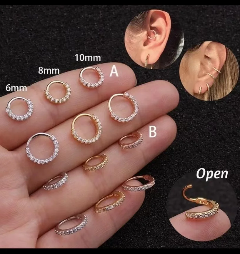 1PC 20G 0.8mm*6mm 8mm Vintage Ear Piercing Earring Zircon Nasal Septum Nostril Ring Cartilage Hoop Piercing Fashion Body Jewelry