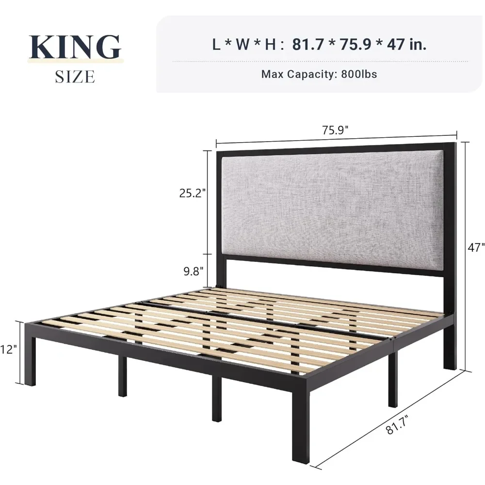 Bed with 47 inch high padded headboard and 12 inch storage space under the bed/wooden support/easy to assemble/metal bed frame