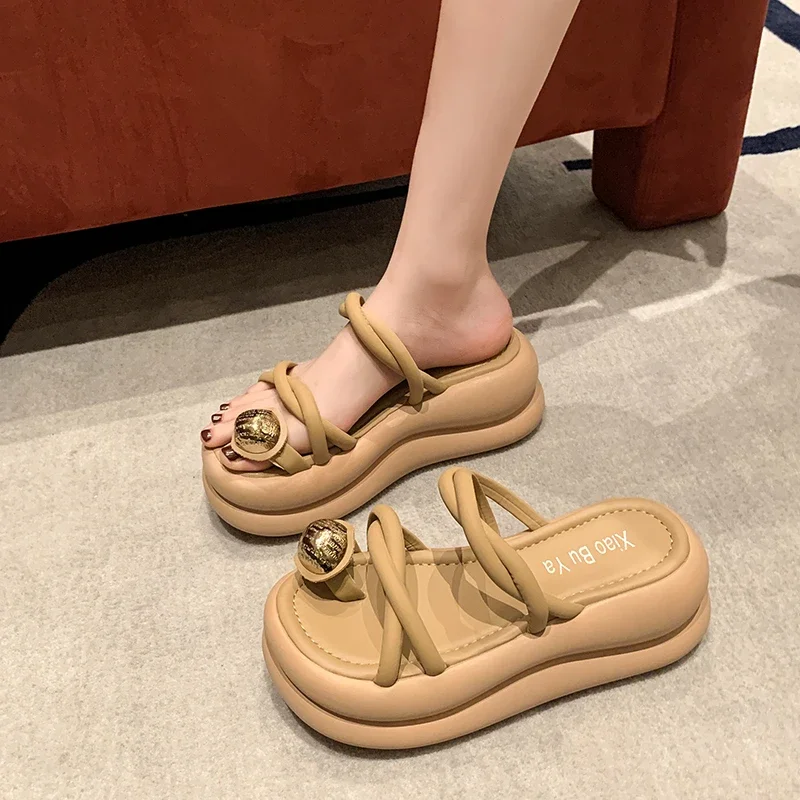 7CM Thick slippers  High Heels Women Sandals New Summer Square Toe Woman Casual Platform Sandals Women\'s Pumps Party Shoes 2024