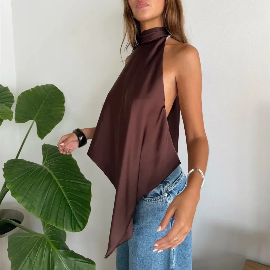 Women Satin Halter Tops Sexy Backless Asymmetrical Tops Sleeveless Lace Up Back Silk Tank Top Going Out Shirt