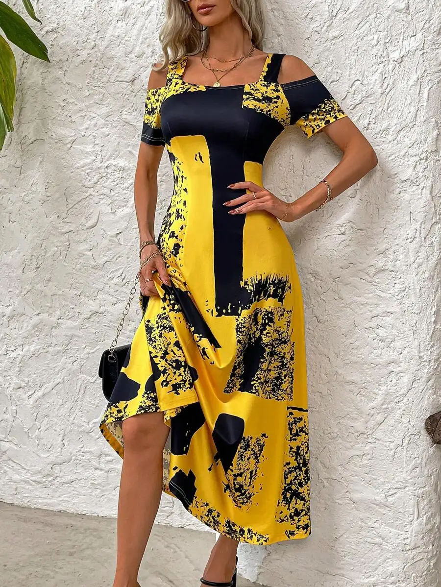 

Women's Off-Shoulder Short Sleeve Dress with Bold Yellow Black Abstract Print