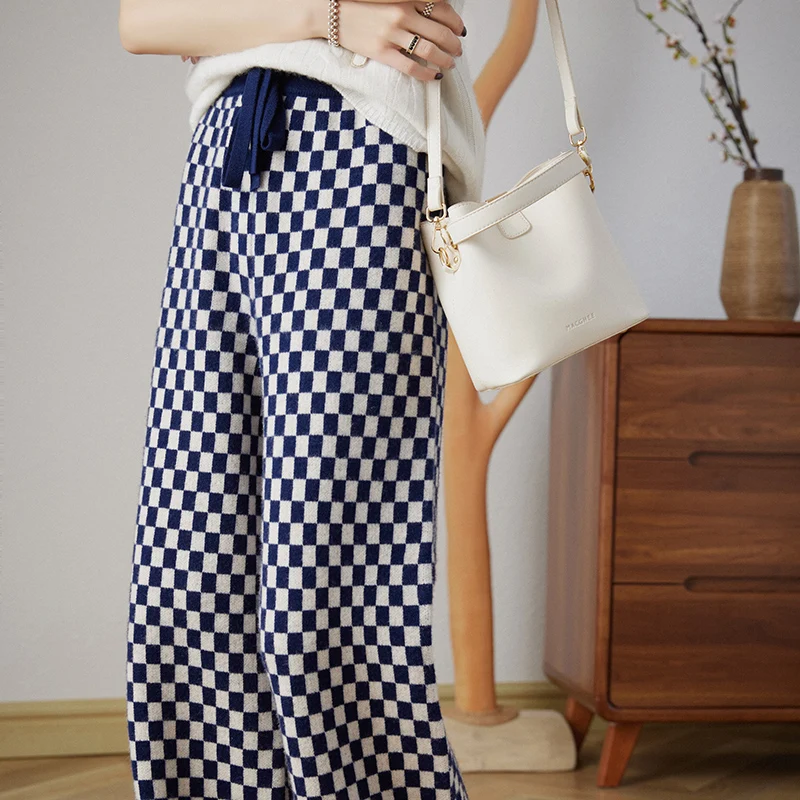 

Fashion Women Drawstring Design Loose Casual Plaid 100% Merino Wool Pants Cashmere Basic Soft Simple Casual Long Trousers