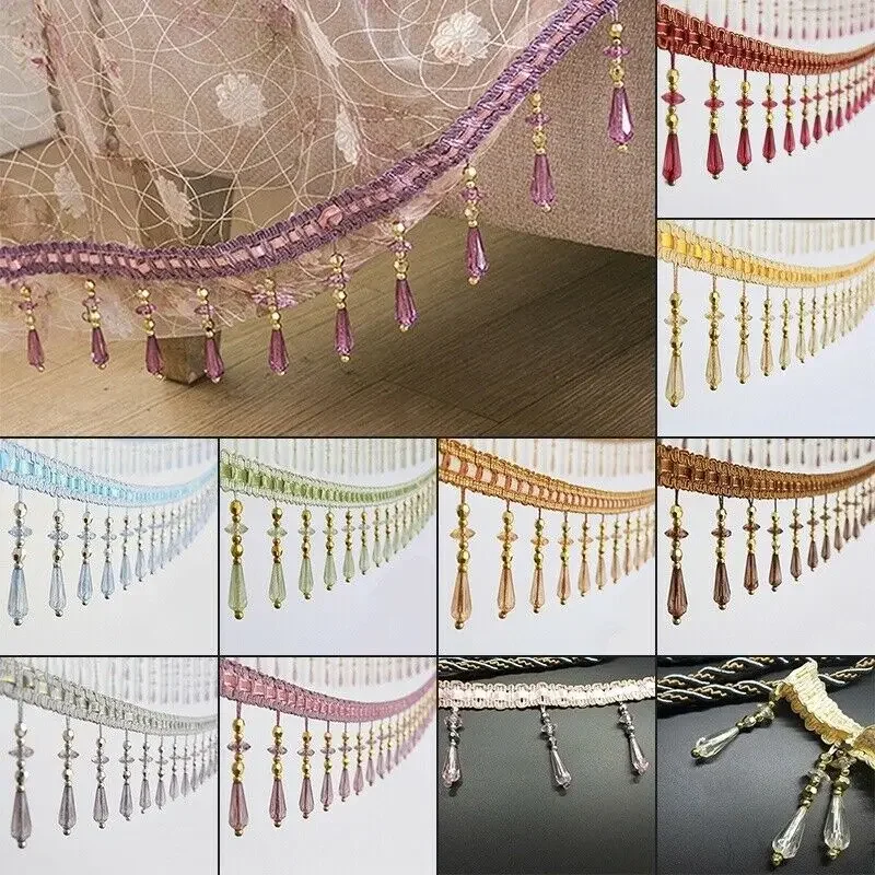 12 Yards/Lot Crystal Curtain Tassel Lace Trimming Sewing Ribbon Tassel Crystal Bead Fringe Upholstery Curtain Accessory