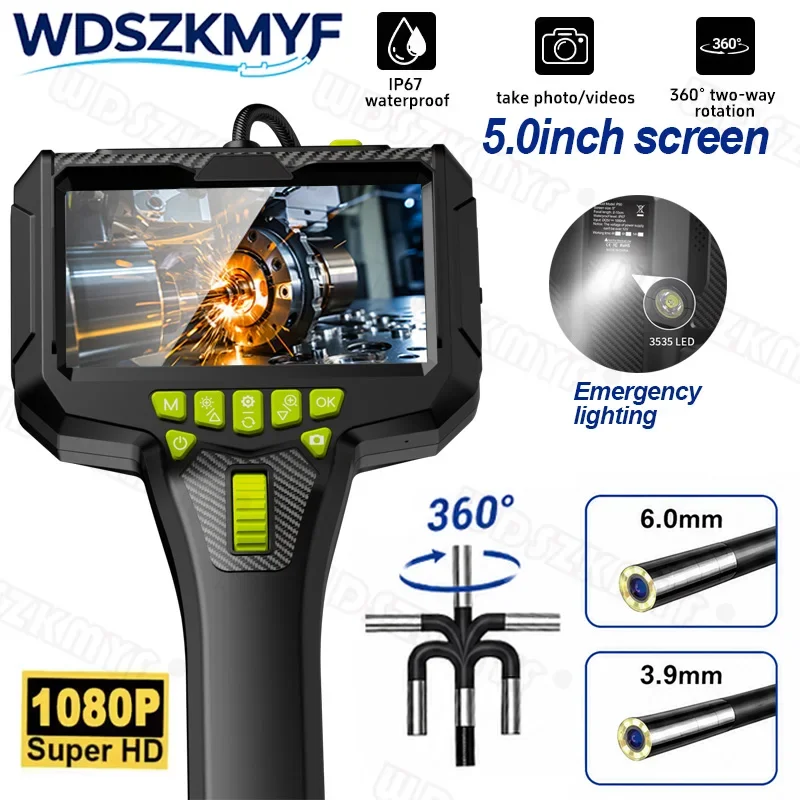 3.9mm/6.0mm Ultra Slim Endoscope Camera 360° Bidirectional Rotatable IP67 Waterproof 1080P 5.0inch  Screen Auto Pipe Borescope