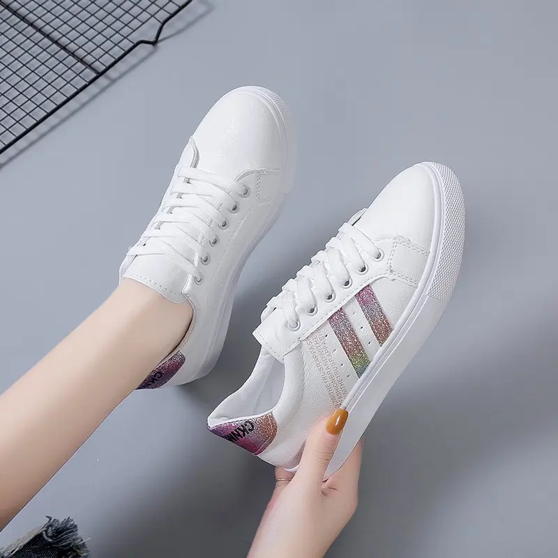 Spring Autumn New Anti-Slip Casual Shallow White Shoes Women Flat Bottom One-Legged Versatile Sports Leather Student Board Shoes