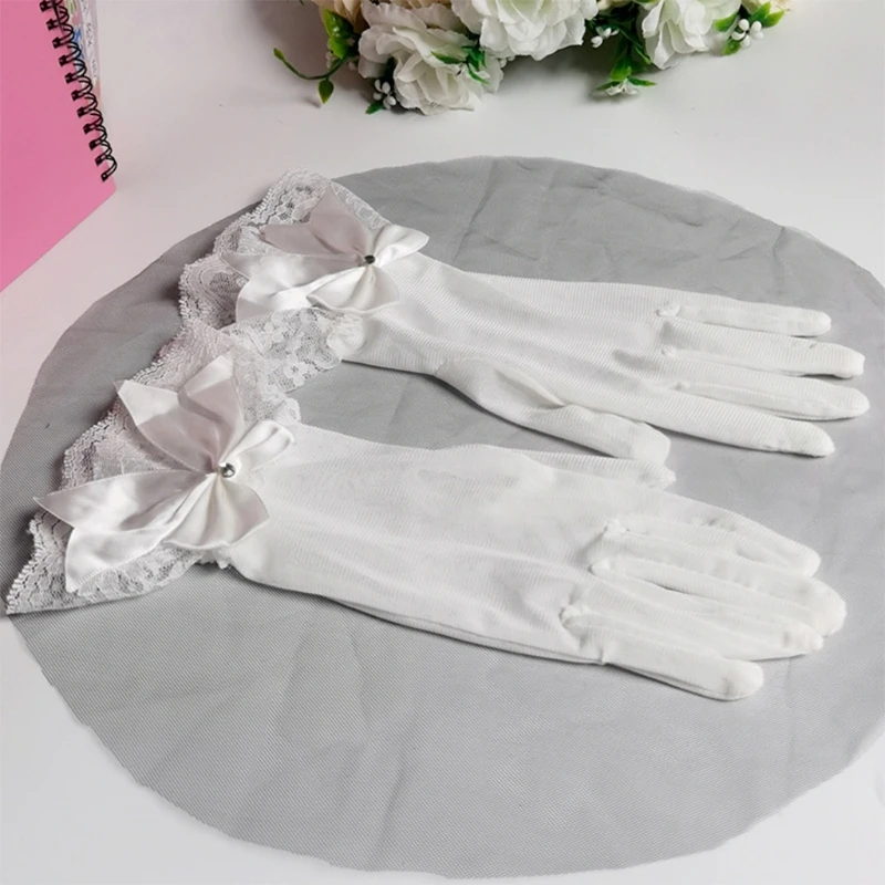 Bridal Wedding Gloves White Tulle with Lace & Bow Opera Party Short Gloves 10\