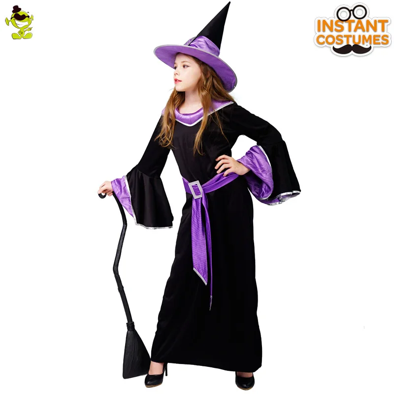 Divertido disfraz de bruja para niños, para fiestas de juegos de rol, disfraz de bruja púrpura para niña, falda, sombrero, cinturón, 3 uds., accesorios de fiesta