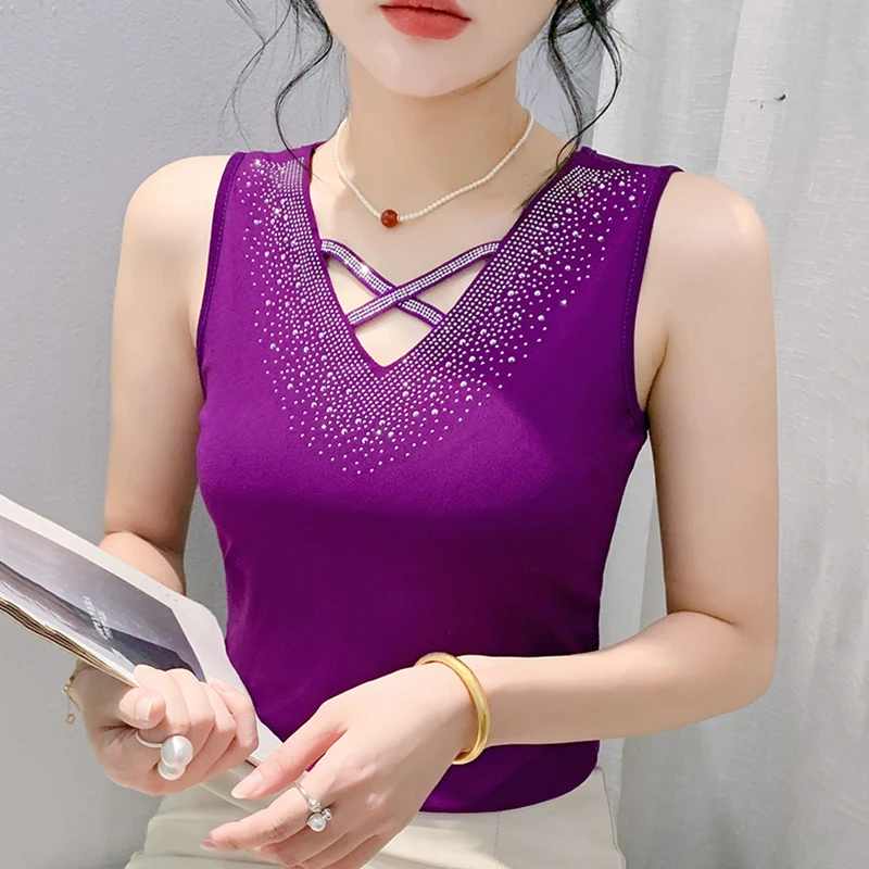 

Summer New Sleeveless Women Tank Tops Fashion Sexy V-Neck Hot Diamond Knitted Mesh T-Shirt M-3XL Elasticity Vest