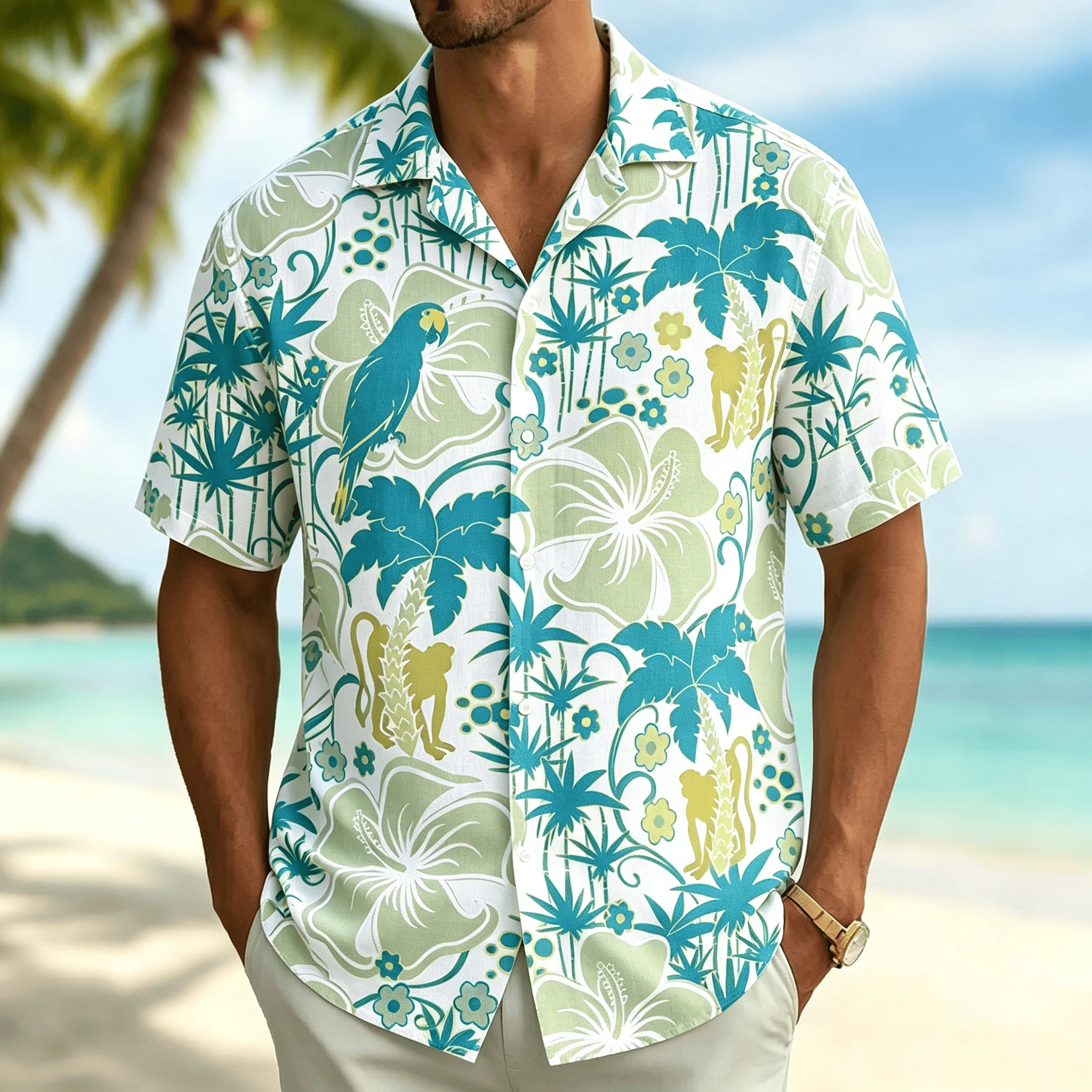 Fresh Green Tropical Jungle Parrot Monkey Printed Short Sleeved Shirt for Men on Hawaii Beach Vacation Loose Shirt
