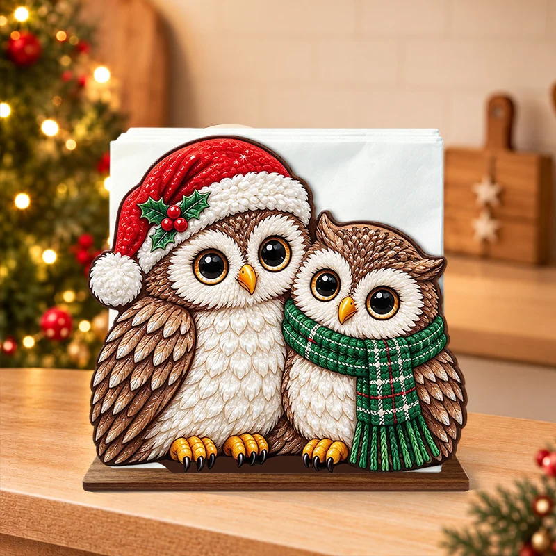 Christmas Owl Napkin Holder, Wooden Table Napkin Storage Stand with Holly Berry Santa Hat & Cozy Scarf Owl