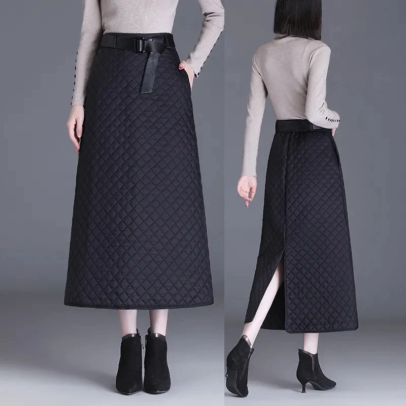 Women's Casual Windproof Warm Skirt,High Waist,Black Wrap Slit,Resistant Cotton, A-line Skirt, Spring, Autumn, Winter, New, 2024