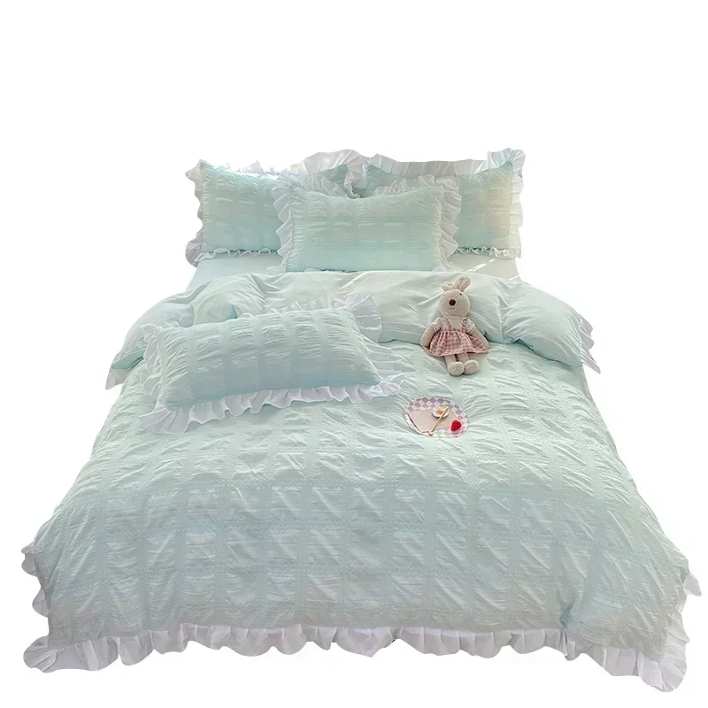 

Korean Princess Seersucker Bedding Kawaii Ruffle Lace Bed Skirt Duvet Cover Solid Color Queen Size Double Sheets Sets For Girls