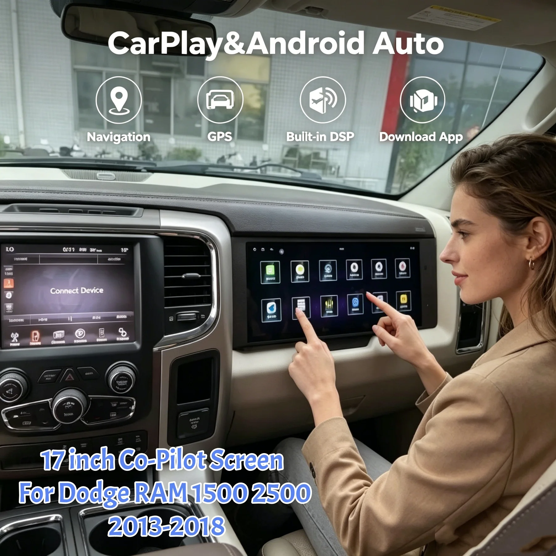 17“ Car Co-pilot Display Radio For Dodge Ram1500 2500 3500 2013-2018 Android Auto Wireless Carplay Passenger Multimedia Player