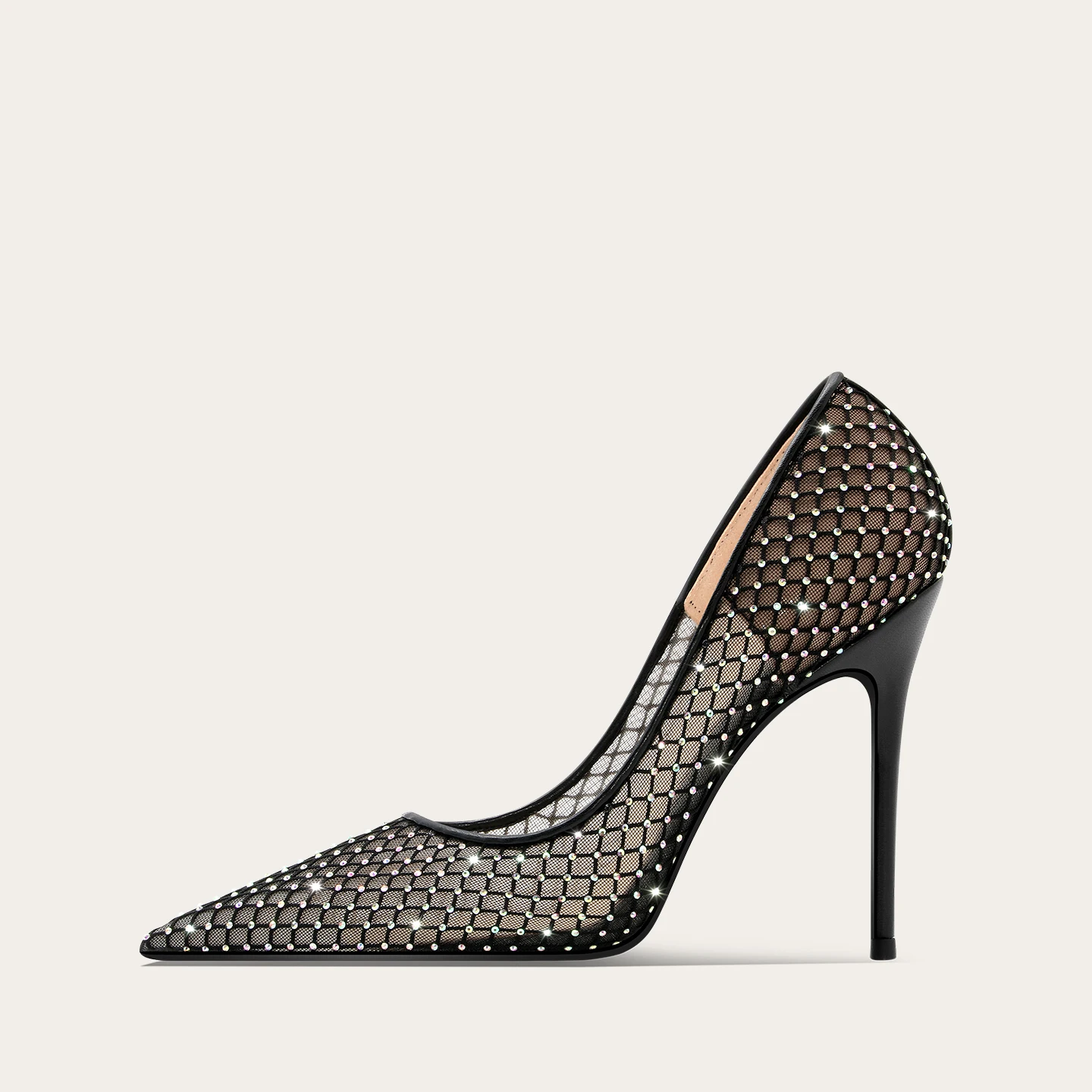 New Sexy Fishing Net Diamond Black Mesh High Heels Women's Pointed Single Shoes Evening Dress Shoes