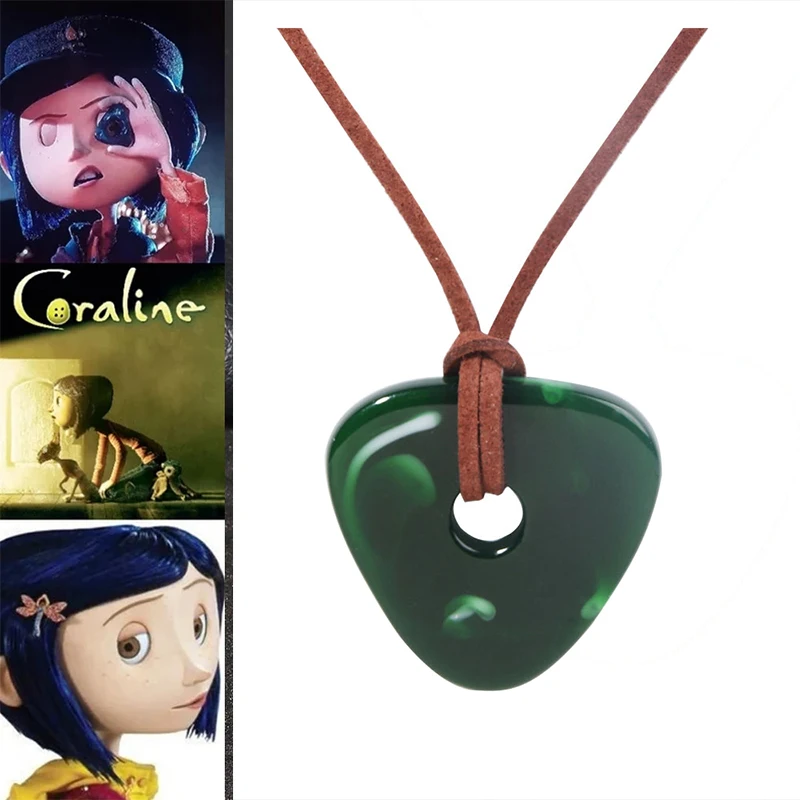 Coraline & the Secret Door Necklace Handmade Rope Chain Green Looking Stone Skeleton Key Pendant Necklace Jewelry For Women Men