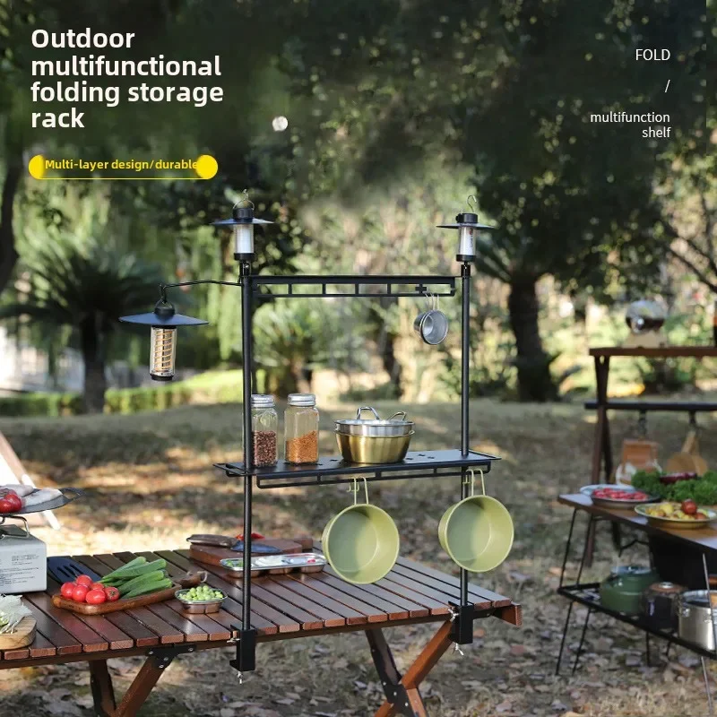 

Camping Desktop Double Shelf Multifunctional Aluminum Alloy Lightweight Folding Table Rack Outdoor Camping Table Light Hanger