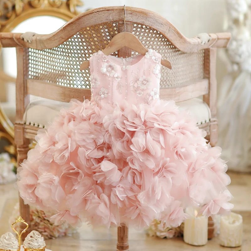 Elegant Pink Girls Princess Dress Fluffy Tulle Tutu Gown Toddler Flower Girl Dress Kids Formal Costume for Wedding Banquet