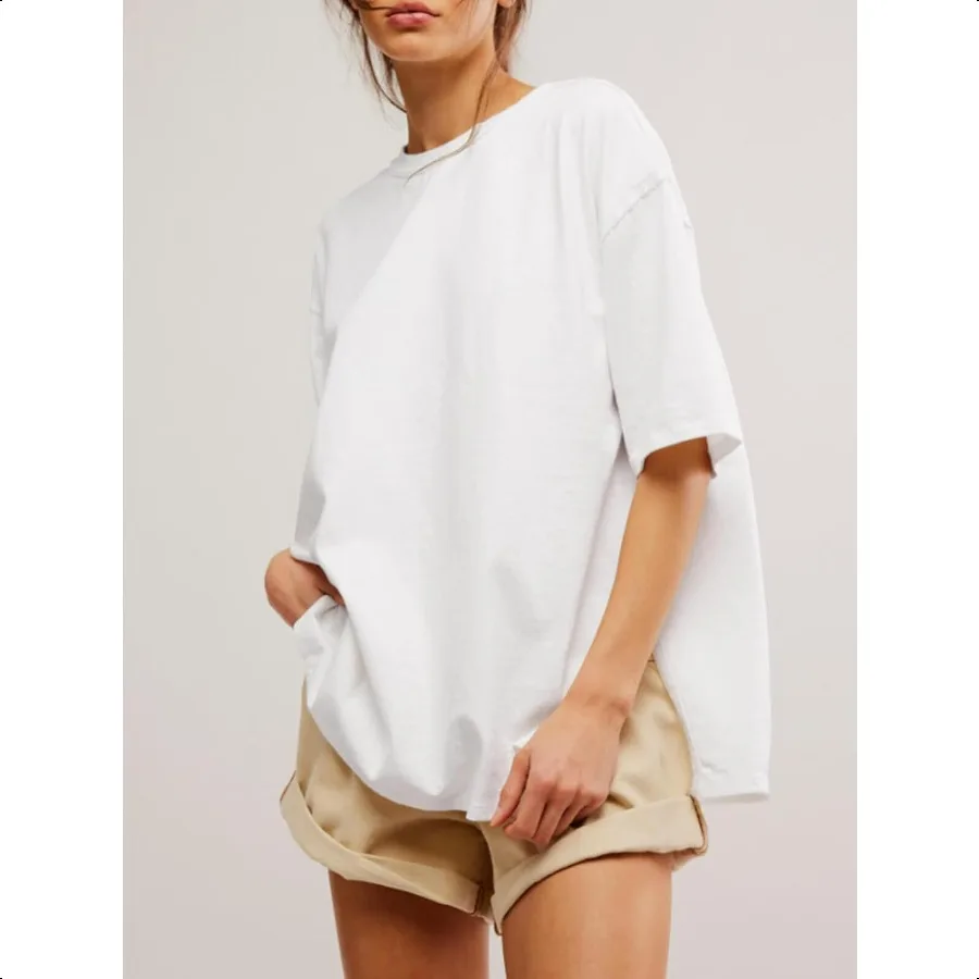 Tankaneo Camisetas de gran tamaño para mujer, pantalón corto informal de verano, manga corta, cuello redondo, camiseta holgada con abertura lateral