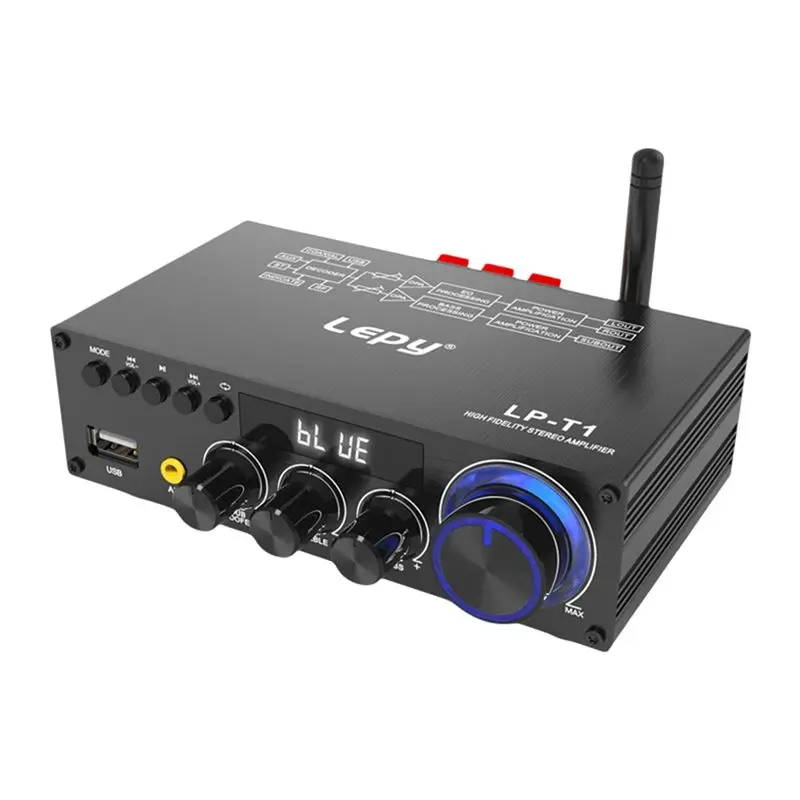 Усилитель мощности Lepy LP-T1 30Wx2+60W 2.1-канальный с Bluetooth 5.1, коаксиальным и USB-входами, супербасом, сабвуфером, пультом ДУ, вилка стандарта США