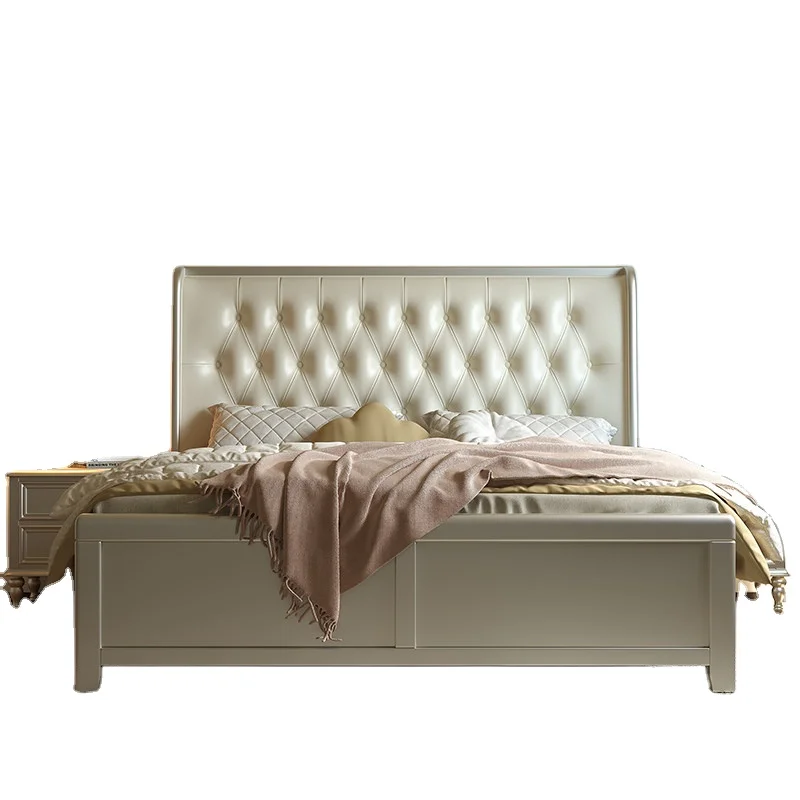 jl-European & American Light Luxury Solid Wood King Size Bed with Genuine Leather Soft-Padded Adjustable Headboard%