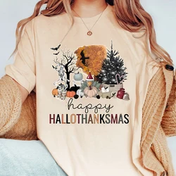 Happy Hallothanksmas T-shirts For Women Happy Halloween Thanksgiving Christmas T-shirt Fashion Ladies Short Sleeves Tshirt