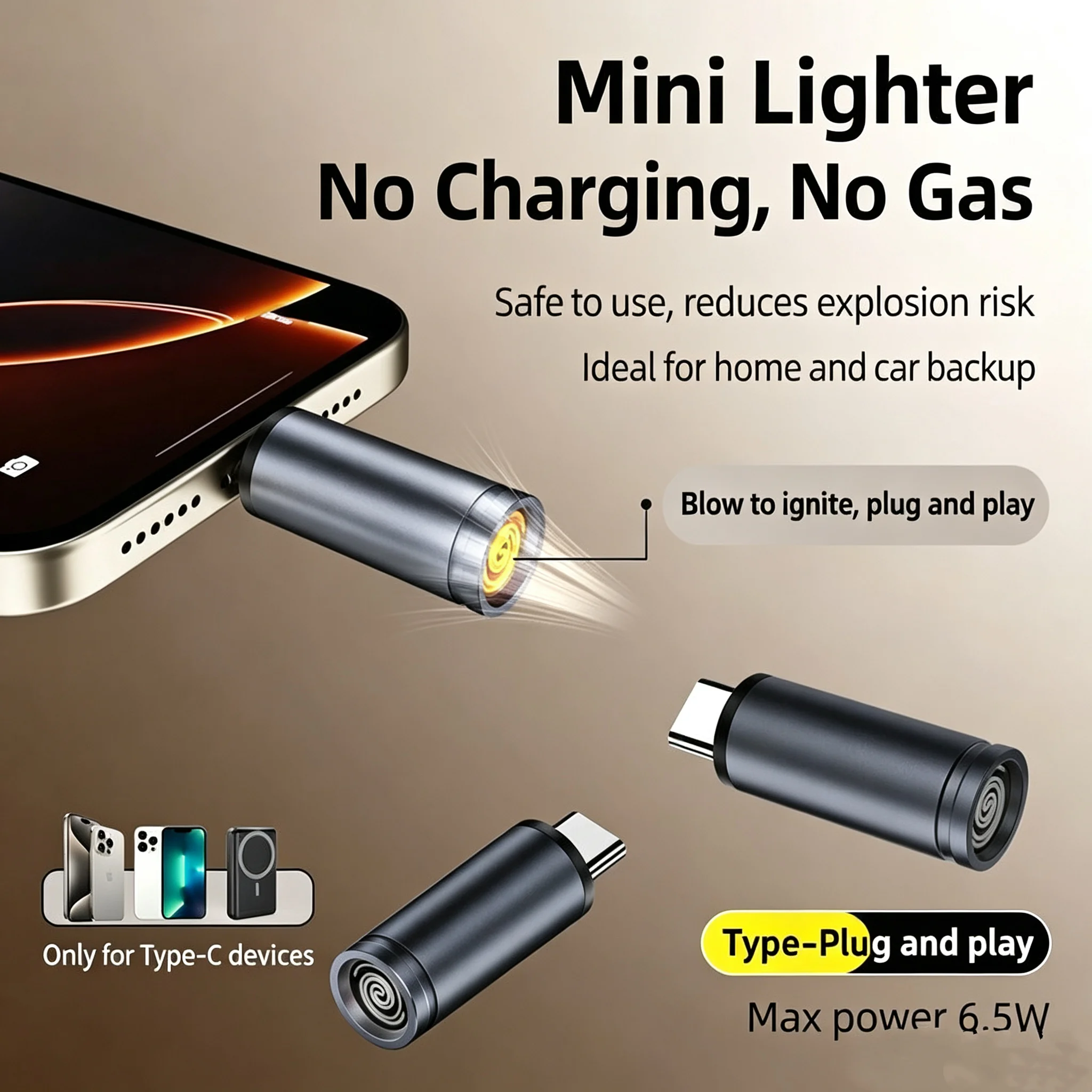 Type-C Mini Portable Lighter, Plug and Play Blow to Ignite, No Charging No Gas, Small Emergency Ignition Tool for Type-C Phones
