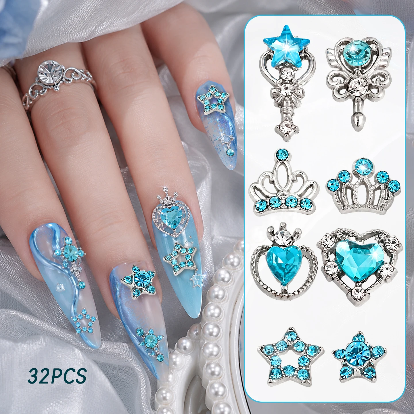 Gorgeous 32Pcs Mixed 3D Alloy Magic Wand Nail Art Charms Shiny Light Blue Diamond Metal Crow Heart Shape Manicure DIY Decoration