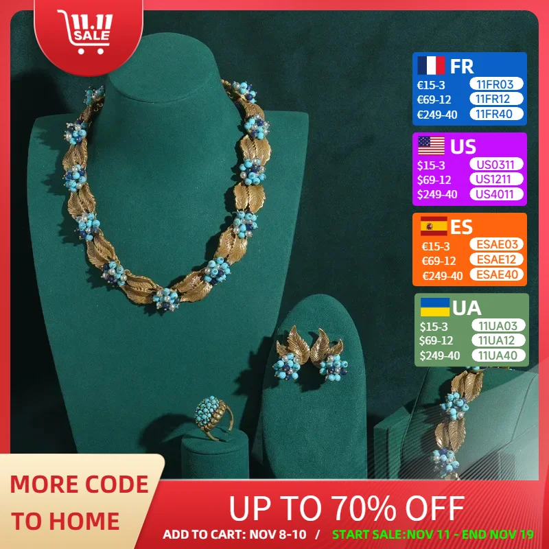 

Vintage Turquoise Leaf Earrings Antique Jewelry Sets 4 Piece Retro Beaded Necklace Bohemian Choker Luxury Gold Color 2025 New