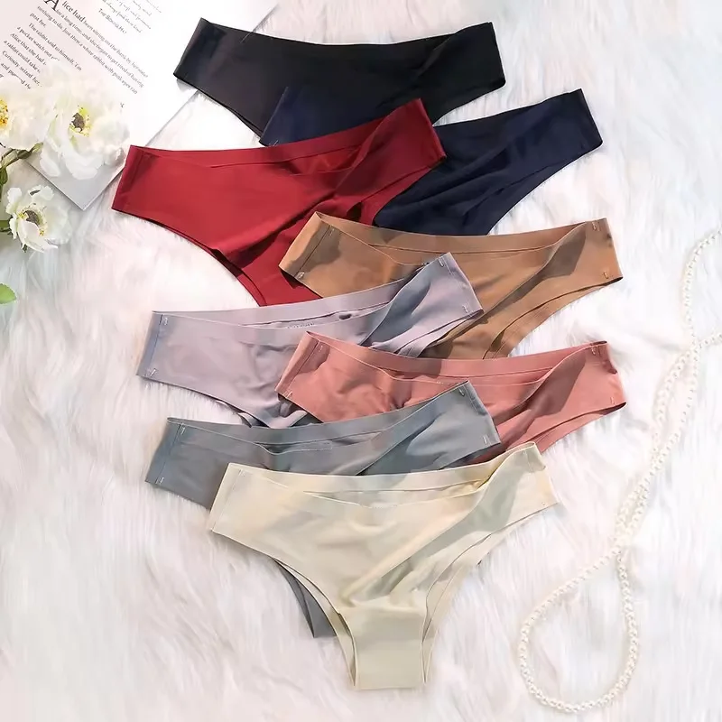 Culotte sans couture pour femmes, sous-vêtements Sexy en soie glacée, taille basse, string, doux, solide, Ultra-fin, ensemble de 4 pièces