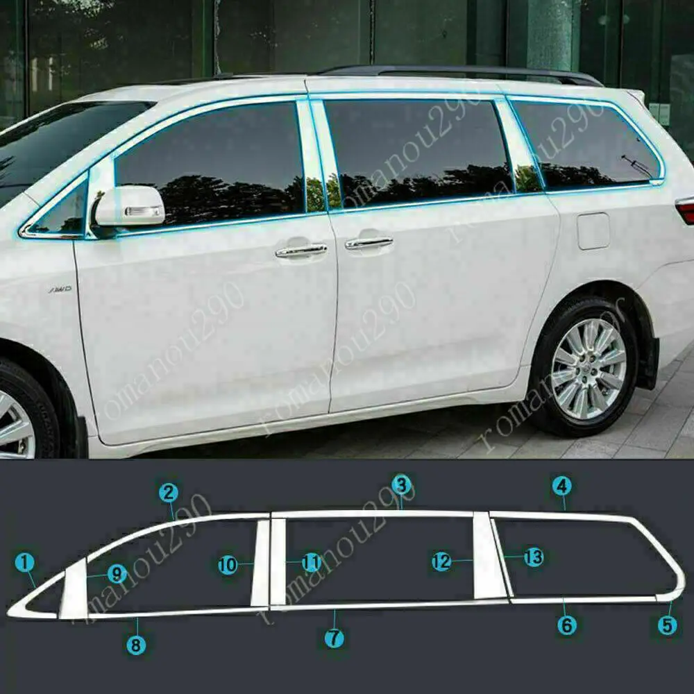 For Toyota Sienna 2011-20 Car Chrome Steel Window Strips Pillar Post Cover Trim