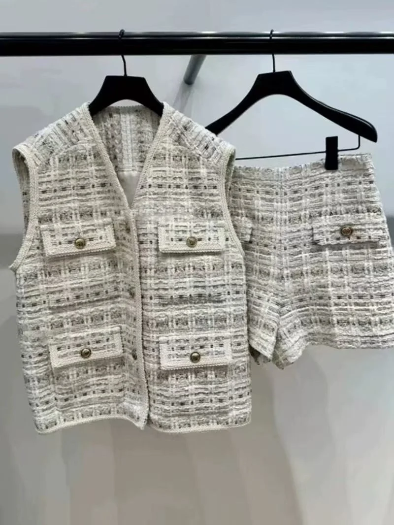 

Spring Women Weave Tweed V-Neck Vest Coat Sleeveless Single Breasted Pockets Jacket Outwear Top + Straight Shorts