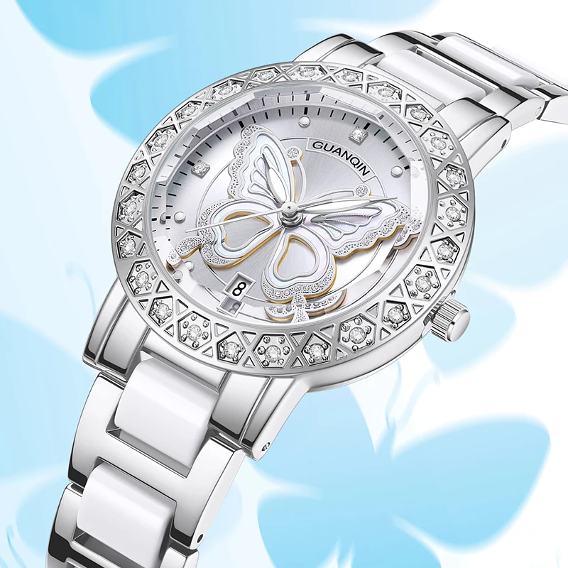 

GUANQIN Luxury Women Quartz Watch Butterfly Pattern Rhinestone-Encrusted Bezel Stainless Steel Case 30M Waterproof Watches Lady