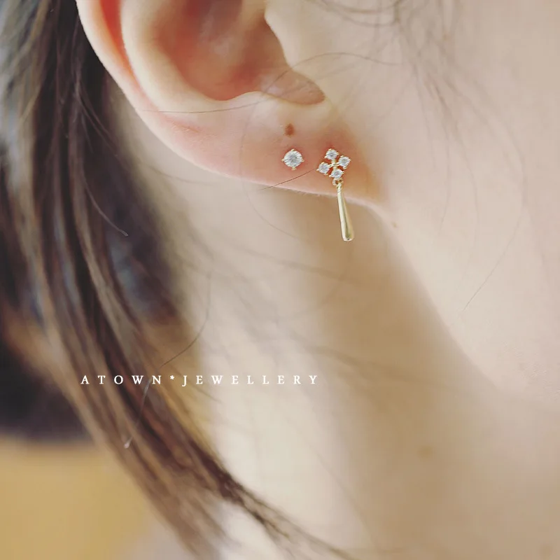S925 Sterling Silver Water Droplets Earrings for Women Temperament Zircon Stud Earring Plated 14k Gold Delicate Jewelry