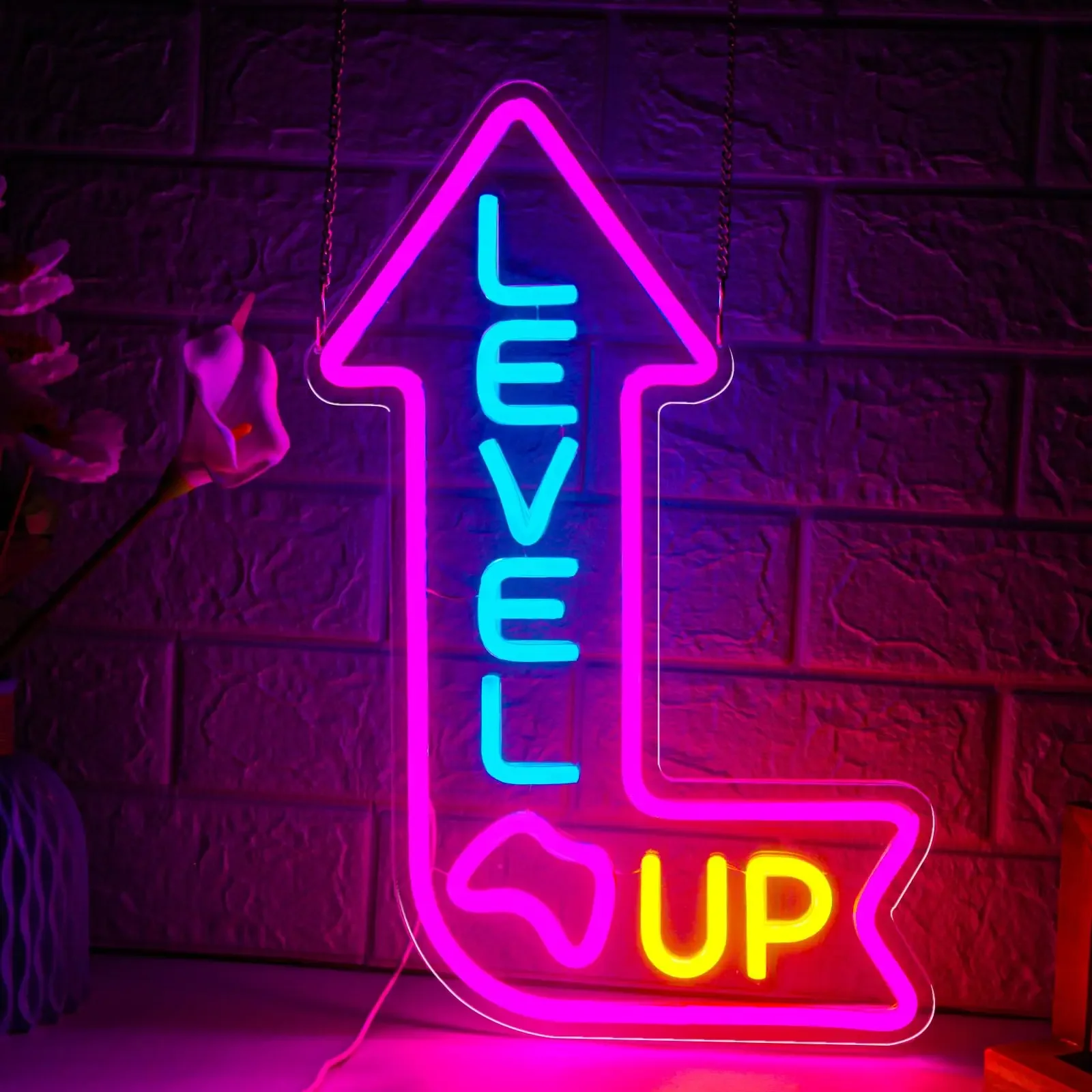 

Неоновая вывеска Level Up для человеческой пещеры, зона игровой комнаты, украшение для дома, спальни, вечеринки для геймера, мальчиков и подростков, неоновый свет с регулируемой яркостью