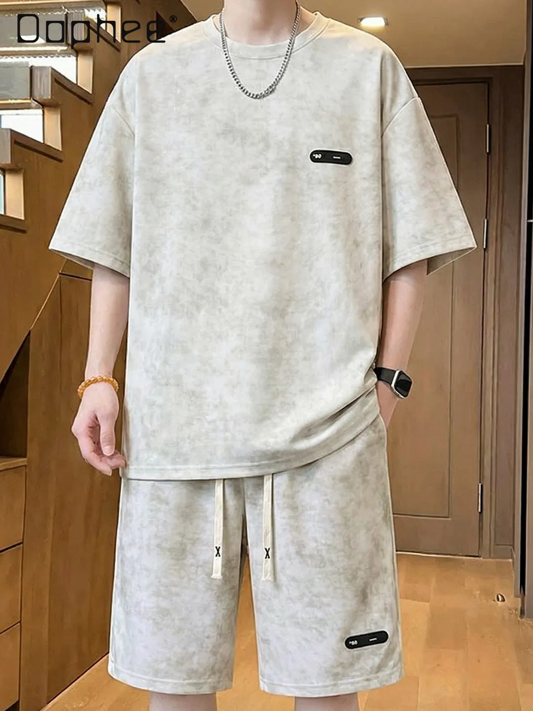 Summer New Men Beige Black Round Neck Short Sleeve T-shirt + Drawstring Loose Shorts Casual Two Piece Streetwear Outfit
