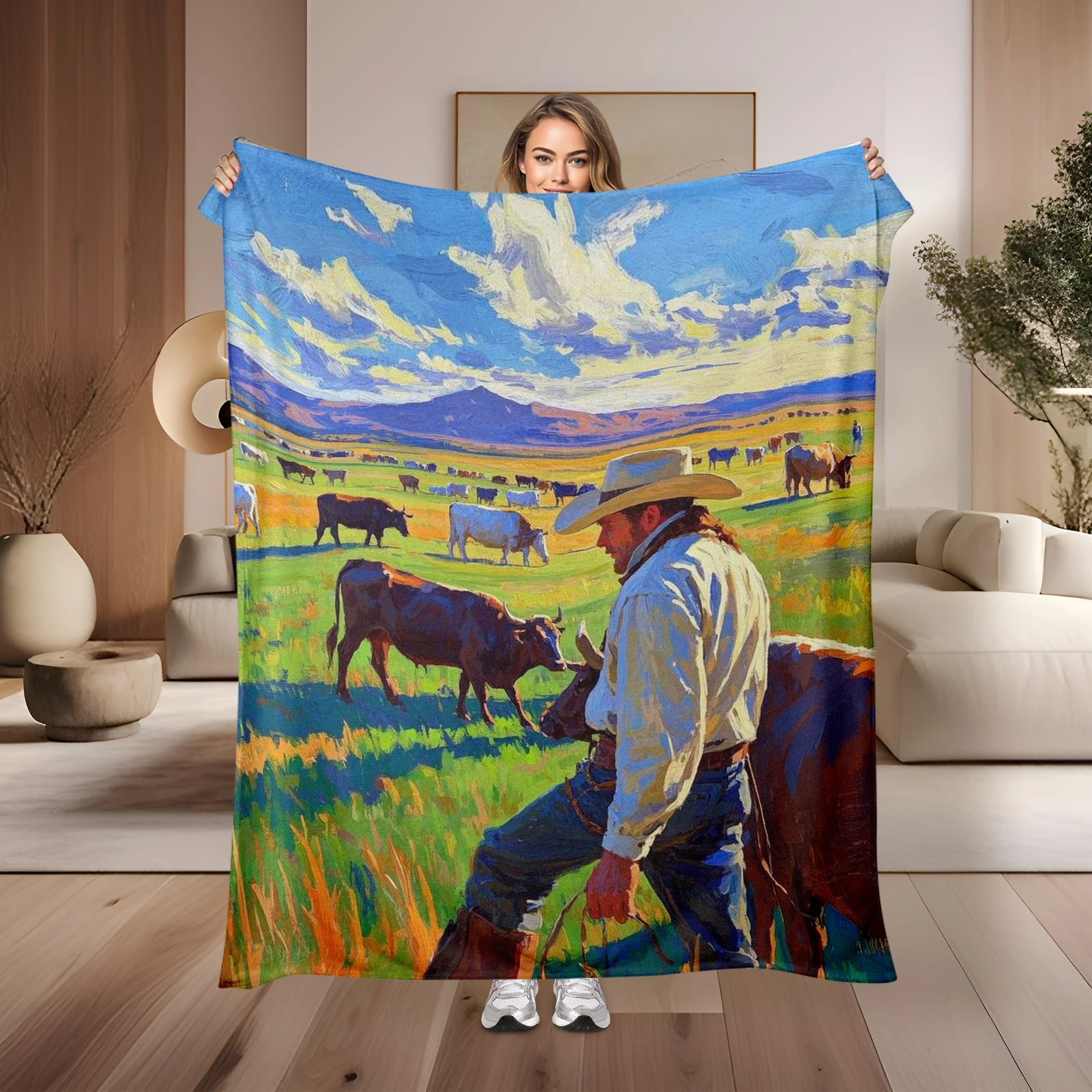 Oil Painting Style Cowboy Culture Blanket Showcases The Beauty Of Ranch Life With Artistic Flair