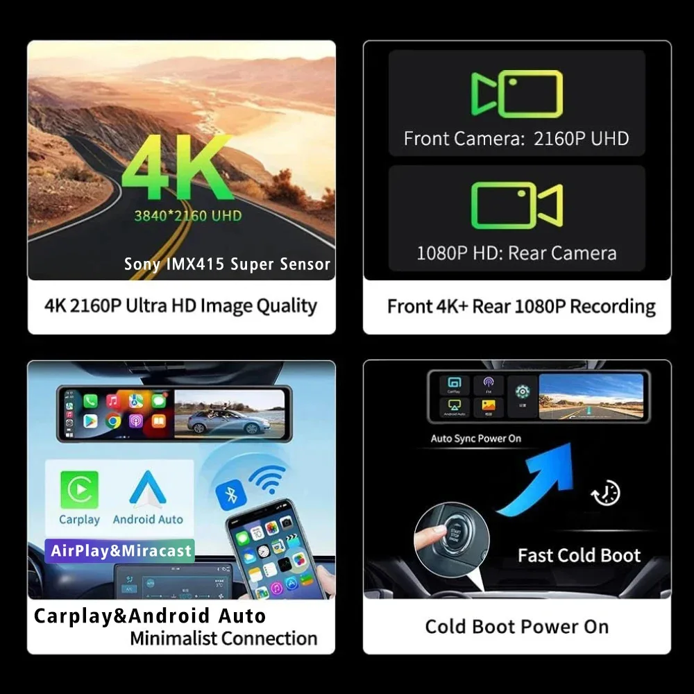 Dashcam per specchietto retrovisore per auto Carplay da 12 pollici 4K HD con telecamera per retromarcia e display touchscreen