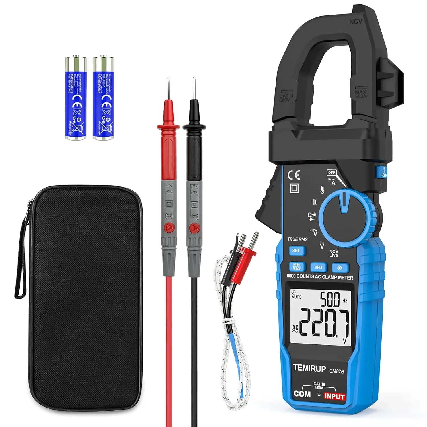 

Digital Clamp Meter Multimeter, 6000 Counts, Auto-ranging, AC/DC Voltage, Current, Resistance, Continuity, Capacitance, Temperat