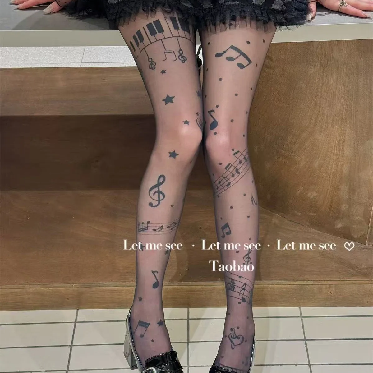 Summer Lovely Note Print Lolita Tights Hosiery Sweet Rock Personalized Thin High Elasticity Black Women's Pantyhose